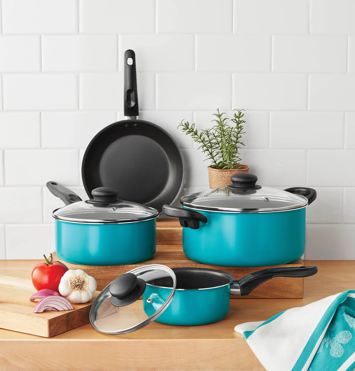 Mainstays 7 Piece Non-Stick Cookware Set Aluminum Teal, Size: Various
