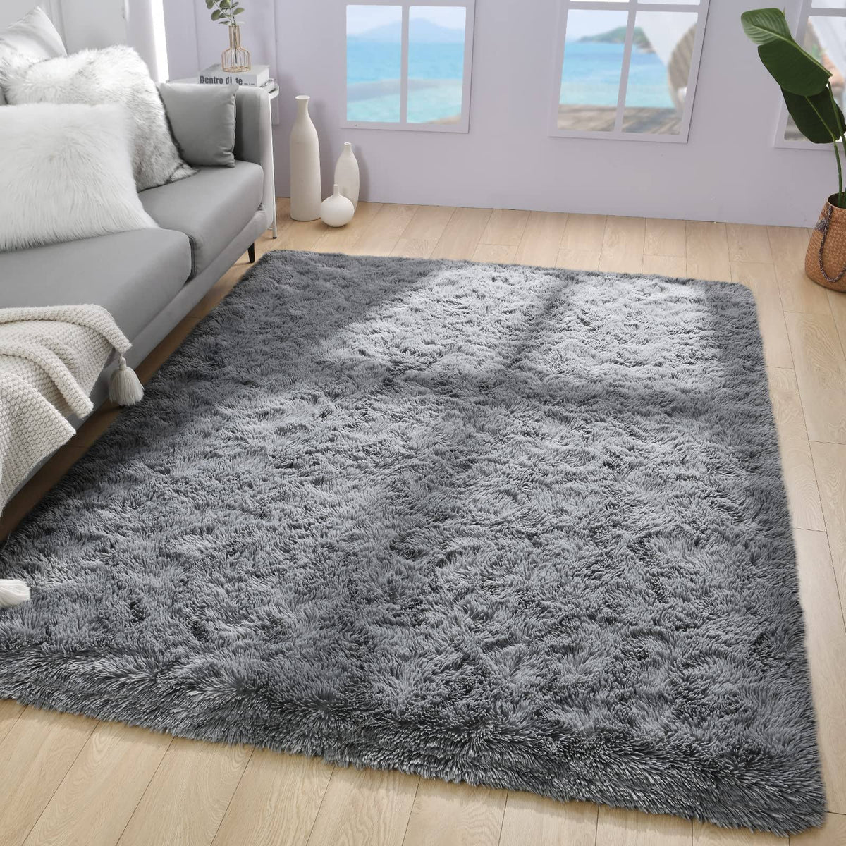 Iplusmall Soft Grey Rug for Living Room, Washable 4'x6' Fluffy Shag Area Rug for Bedroom Office Nursery Room, Gray Throw Shaggy Furry Carpet